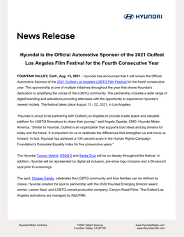 Hyundai Is the Official Automotive Sponsor of the 2021 Outfest Los Angeles Film Festival for the Fourth Consecutive Year