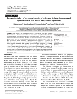 Reproductive Biology of Two Sympatric Species of Tooth-Carps: Aphanius Hormuzensis and Aphanius Furcatus, from South of Iran (Teleostei: Aphaniidae)