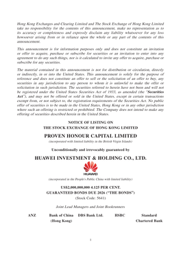 Proven Honour Capital Limited Huawei Investment