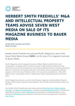 Herbert Smith Freehills' M&amp;A and Intellectual Property Teams Advise Seven West Media on Sale of Its Magazine Business