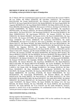 DECISION 97-389 DC of 22 APRIL 1997 Act Making Various Provisions in Respect of Immigration