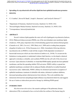 Spreading of a Mycobacterial Cell Surface Lipid Into Host Epithelial Membranes Promotes 2 Infectivity 3 4 C.J