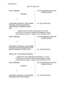 J-A19025-20 2021 PA Super 48 KEITH SPENCER Appellant V