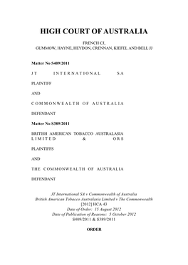 Order of the High Court of Australia (Tobacco Plain Packaging