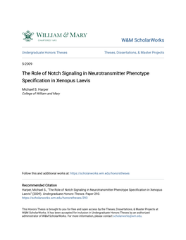 The Role of Notch Signaling in Neurotransmitter Phenotype Specification in Enopusx Laevis