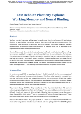 Fast Hebbian Plasticity Explains Working Memory and Neural Binding
