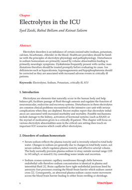 Electrolytes in the ICU Syed Zaidi, Rahul Bollam and Kainat Saleem