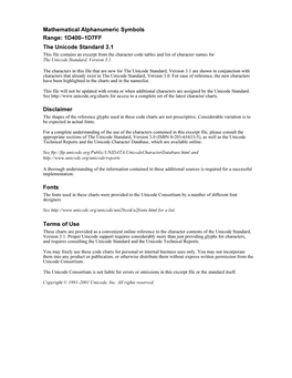 Mathematical Alphanumeric Symbols Range: 1D400–1D7FF the Unicode Standard 3.1 Disclaimer Fonts Terms Of