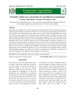 Potentiality of Light Source and Predator for Controlling Brown Planthopper M Sardar1, MR Khatun2*, KS Islam2, MT Haque1, G Das2