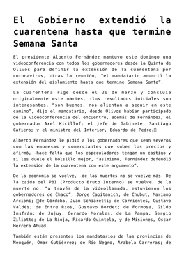 El Gobierno Extendió La Cuarentena Hasta Que Termine Semana Santa