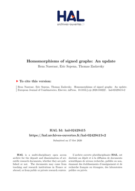 Homomorphisms of Signed Graphs: an Update Reza Naserasr, Eric Sopena, Thomas Zaslavsky