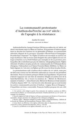 La Communauté Protestante D'authon-Du-Perche Au XVII E Siècle