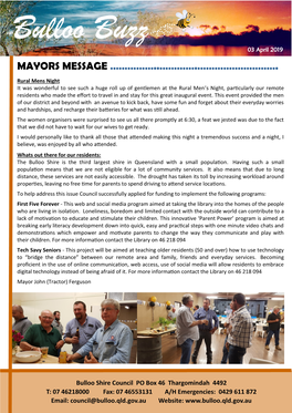 Bulloo Buzz 03 April 2019 MAYORS MESSAGE ……………..………….………………………