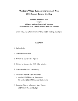 Westboro Village Business Improvement Area 2016 Annual General Meeting