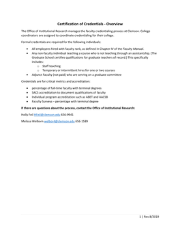 Certification of Credentials - Overview the Office of Institutional Research Manages the Faculty Credentialing Process at Clemson