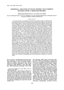 DISPERSAL ABILITIES of SEVEN SPARSE and COMMON GRASSES from a MISSOURI Prairiel