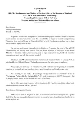 ASEAN in 2019: Thailand’S Chairmanship” Wednesday, 21 November 2018 at 10.00 Hrs