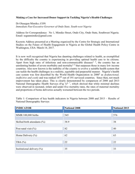 Making a Case for Increased Donor Support in Tackling Nigeria's Health Challenges Dr Olusegun Mimiko, CON Immediate Past Execu