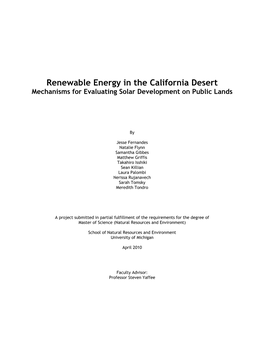 Renewable Energy in the California Desert Mechanisms for Evaluating Solar Development on Public Lands