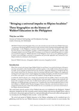 “Bringing a Universal Impulse to Filipino Localities” Three Biographies on the History of Waldorf Education in the Philippines