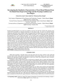 Investigating the Qualitative Characteristics of Toast Bread Obtained from Par-Baked Paste Kept in the Fridge and the Freezing Condition Over Zero Degree