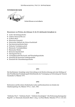 WINFRIED BECKER Schriftenverzeichnis Rezensionen Von Werken, Den Zeitraum 16. Bis 20. Jahrhundert Betreffend, In