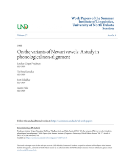 On the Variants of Newari Vowels: a Study in Phonological Non-Alignment Lindsay Criper Friedman SIL-UND