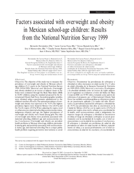 Factors Associated with Overweight and Obesity in Mexican School-Age Children: Results from the National Nutrition Survey 1999