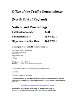 Office of the Traffic Commissioner (North East of England) Notices And