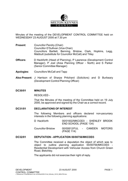 Minutes of the Meeting of the DEVELOPMENT CONTROL COMMITTEE Held on WEDNESDAY 23 AUGUST 2000 at 7.30 Pm