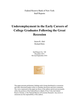 Underemployment in the Early Careers of College Graduates Following the Great Recession