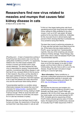 Researchers Find New Virus Related to Measles and Mumps That Causes Fatal Kidney Disease in Cats 20 March 2012, by Bob Yirka