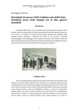 Stromboli 16 Marzo 1940 L'ultimo Volo Dell'i-Suto Incidenti Aerei Civili