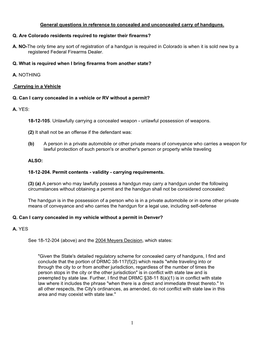 General Questions in Reference to Concealed and Unconcealed Carry of Handguns