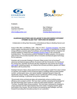 PRESS RELEASE May, 2012 Guardian Industries and Soladigm