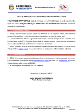 Edital De Homologação Das Inscrições Do Concurso Público N.º 01/2018