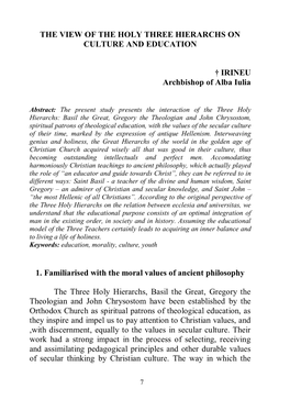 THE VIEW of the HOLY THREE HIERARCHS on CULTURE and EDUCATION † IRINEU Archbishop of Alba Iulia 1. Familiarised with the Mora