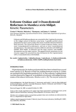 Ecdysone Oxidase and 3-Oxoecdysteroid Reductases in Manduca Sexta Midgut: Kinet I C Parameters