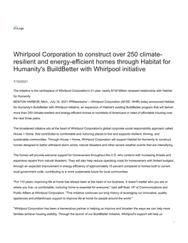 Whirlpool Corporation to Construct Over 250 Climate- Resilient and Energy-Efficient Homes Through Habitat for Humanity's Buildbetter with Whirlpool Initiative