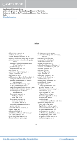 Cambridge University Press 978-1-108-47272-2 — the Cambridge History of the Gothic Volume 3: Gothic in the Twentieth and Twenty-First Centuries Index More Information