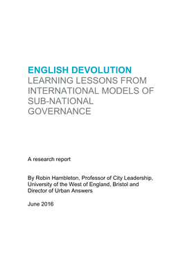 English Devolution Learning Lessons from International Models of Sub-National