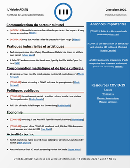 Pratiques Industrielles Et Artistiques Annonces Importantes Ressources COVID-19 Communications Du Secteur Culturel Consommatio