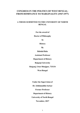 Congress in the Politics of West Bengal: from Dominance to Marginality (1947-1977)