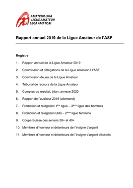 Rapport Annuel 2019 De La Ligue Amateur De L'asf