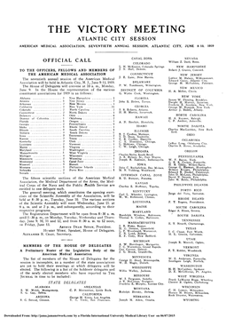 The Victory Meeting Atlantic City Session American Medical Association, Seventieth Annual Session, Atlantic City, June 9 13, 1919