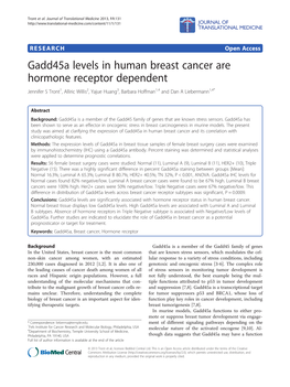 Gadd45a Levels in Human Breast Cancer Are Hormone Receptor Dependent Jennifer S Tront1, Alliric Willis2, Yajue Huang3, Barbara Hoffman1,4 and Dan a Liebermann1,4*