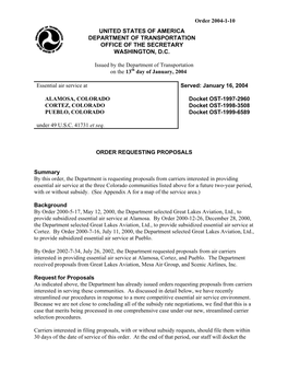 Order 2004-1-10 UNITED STATES of AMERICA DEPARTMENT of TRANSPORTATION OFFICE of the SECRETARY WASHINGTON, D.C