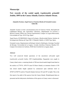 New Records of the Scaled Squid, Lepidoteuthis Grimaldii Joubin, 1895 in the Canary Islands, Eastern Atlantic Ocean