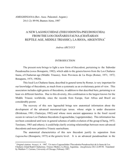 A New Lagosuchidae (Thecodontia-Pseudosuchia) from the Los Chañares Fauna (Chañarian Reptile Age, Middle Triassic), La Rioja, Argentina*