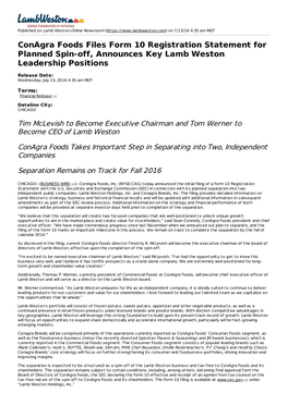 Conagra Foods Files Form 10 Registration Statement for Planned Spin-Off, Announces Key Lamb Weston Leadership Positions